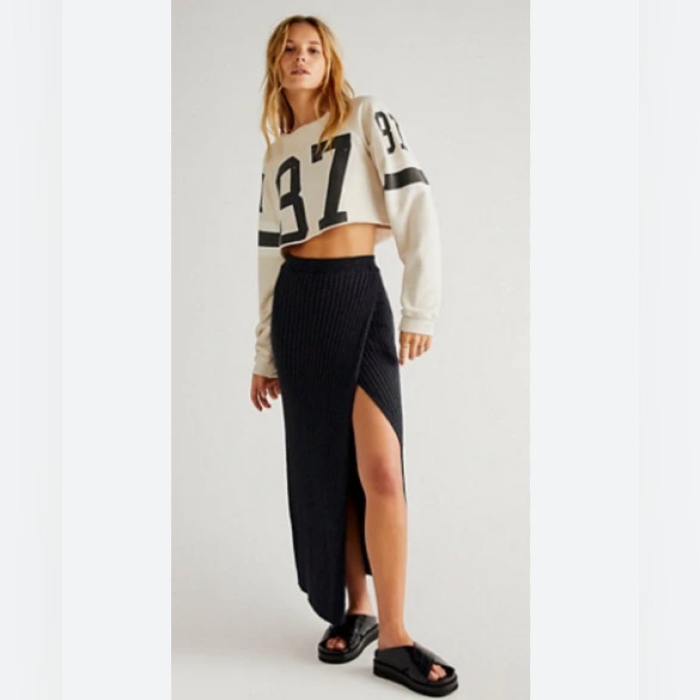 FP Better Days Knit Midi Skirt in Black Combo Size Large